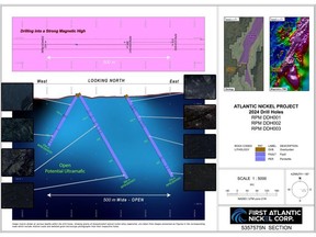 Cross Section Map of RPM Drill Holes 1,2,3 with Drill Core Photos of Awaruite Mineralization at respective locations downhole (see additional Figures below for more detailed core images).