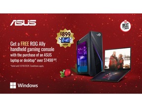 Receive the ultimate handheld gaming device for free, valued at CA$899, with the purchase of ASUS or ROG laptops or desktops over CA$1,499 in selected retailers until December 19, 2024