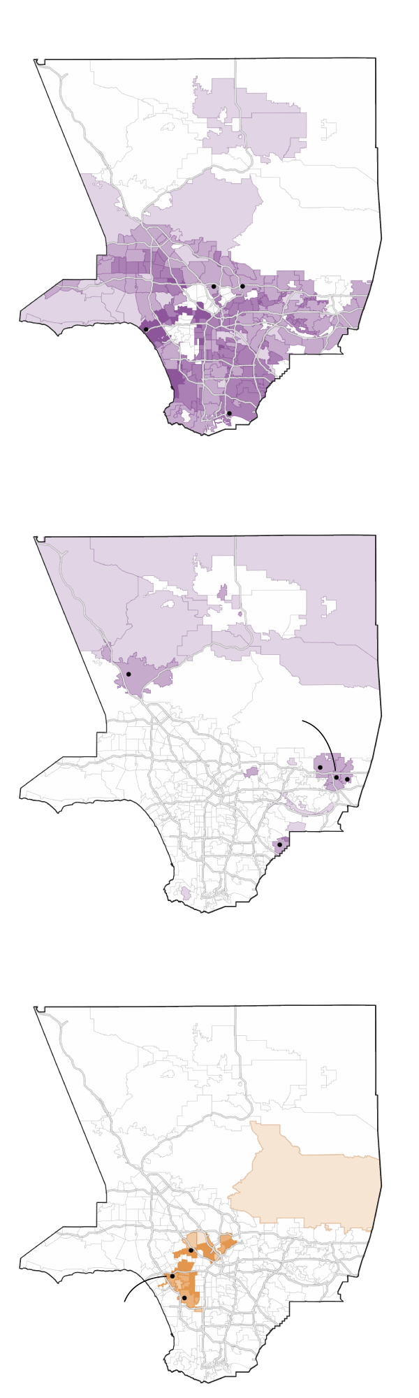 Maps of Los Angeles County showing support for Proposition 47 and Proposition 36 by neighborhood. Neighborhoods that voted both “Yes on Prop. 47” in 2014 and “Yes on Prop. 36” in 2024 include Glendale, Pasadena, Santa Monica and Long Beach. Neighborhoods that voted “No on Prop. 47” in 2014 and “Yes on Prop. 36” in 2024 include Santa Clarita, San Dimas, Glendora, La Verne and La Mirada. Neighborhoods that voted “Yes on Prop. 47” in 2014 and “No on Prop. 36” in 2024 include Hollywood, Culver City and Inglewood.