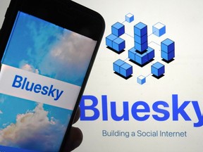 FILE - The app for Bluesky is shown on a mobile phone, left, and on a laptop screen on June 2, 2023, in New York.