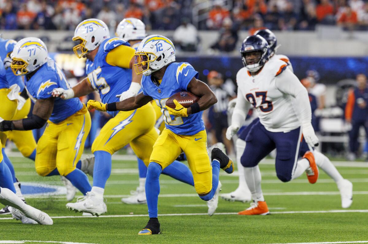 Chargers wide receiver Derius Davis finds room to run against the Denver Broncos on Dec. 19.