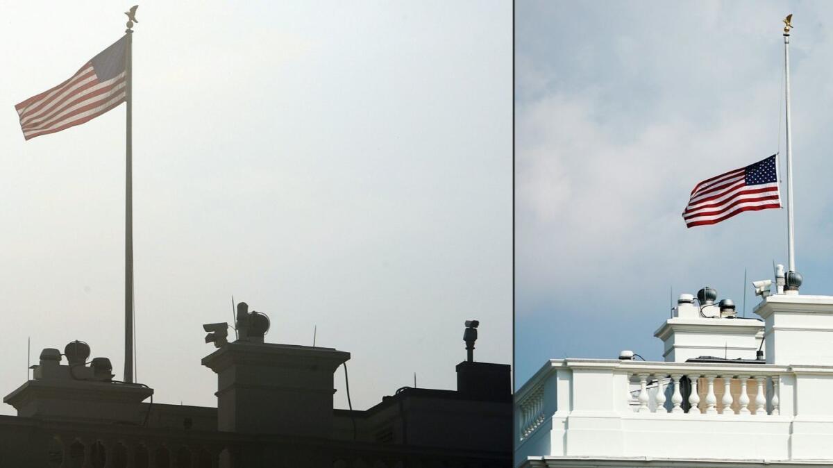 These photos, taken on Monday, show the U.S. flag above the White House. In the morning, left, it was at full staff. By the afternoon, it had been lowered to half-staff in honor of Sen. John McCain.