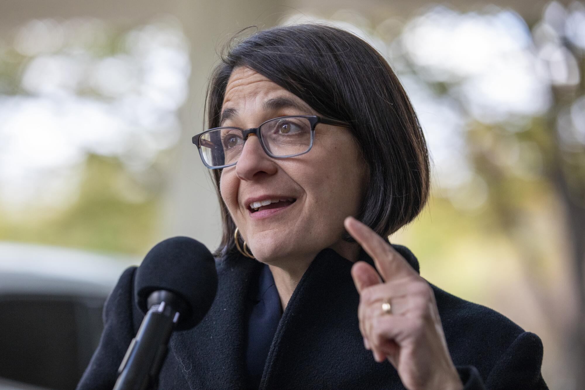 U.S. Rep. Becca Balint speaking at a microphone.