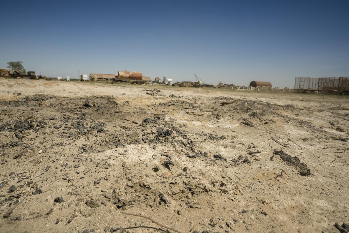 A pile of ashes from discarded grapevines mark a burn pit in Madera. 