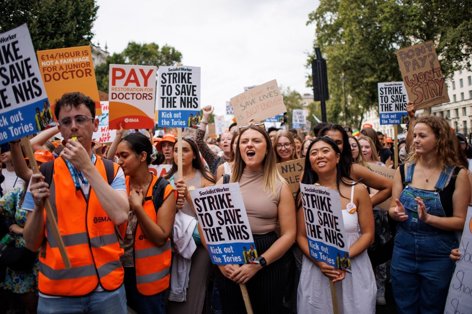 Junior doctors gather to protest outside Downing Street in August 2023