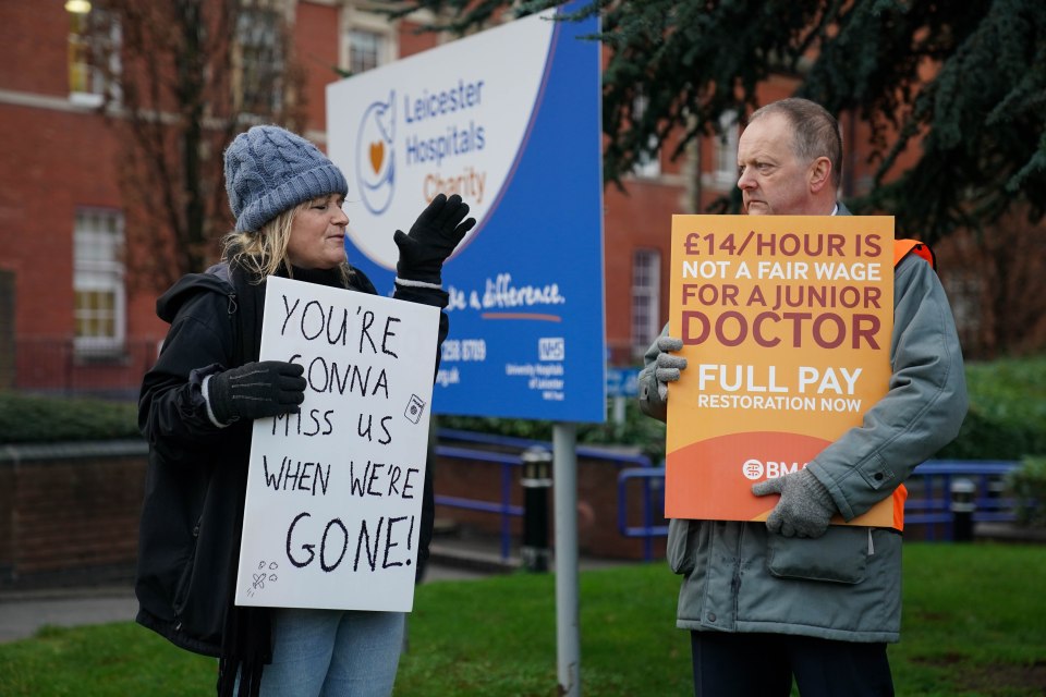 Junior doctors and members of the British Medical Association (BMA) on the picket line outside Leicester Royal Infirmary, 2023.