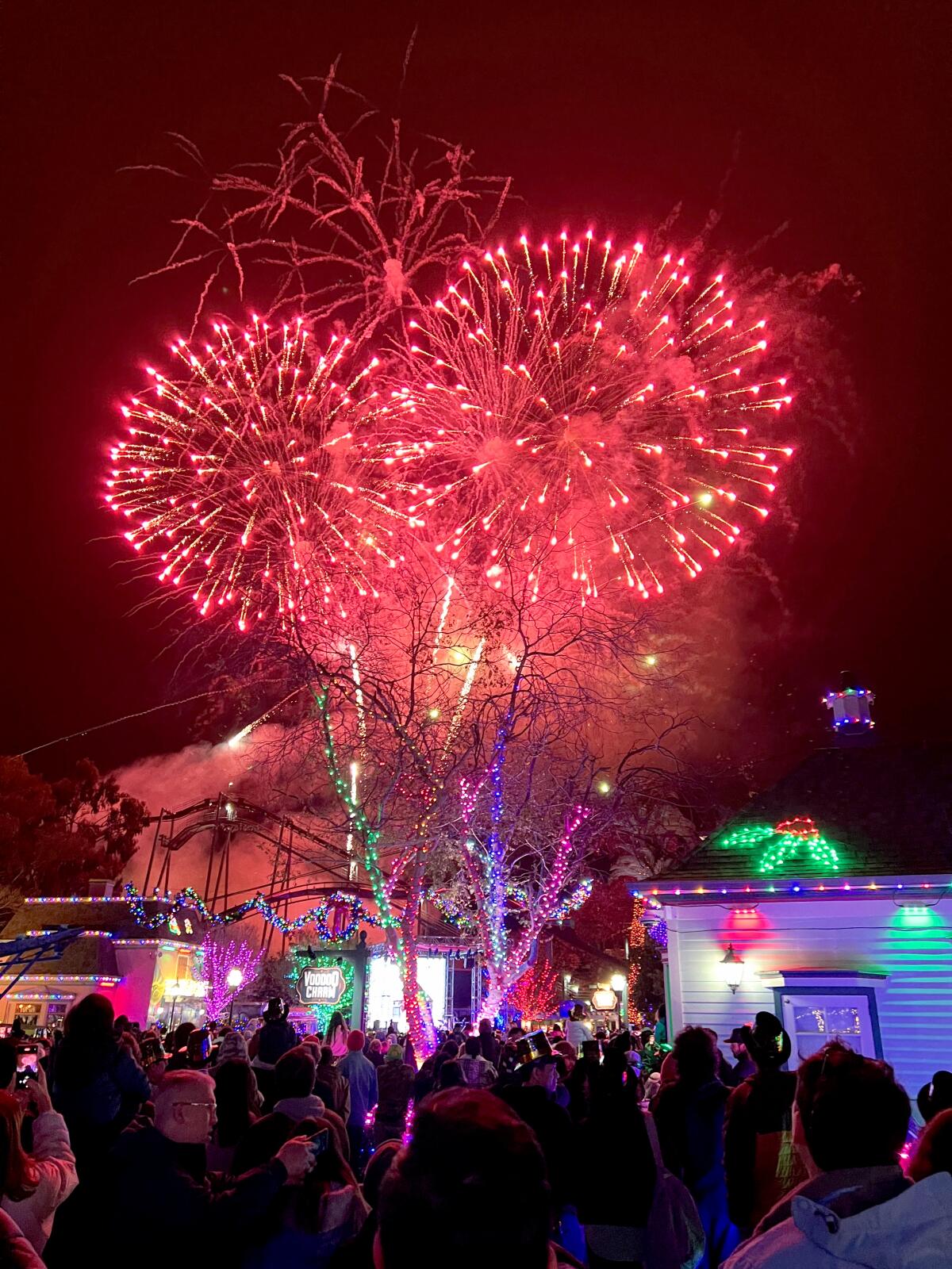 Fireworks explode above a crowd at Great America.