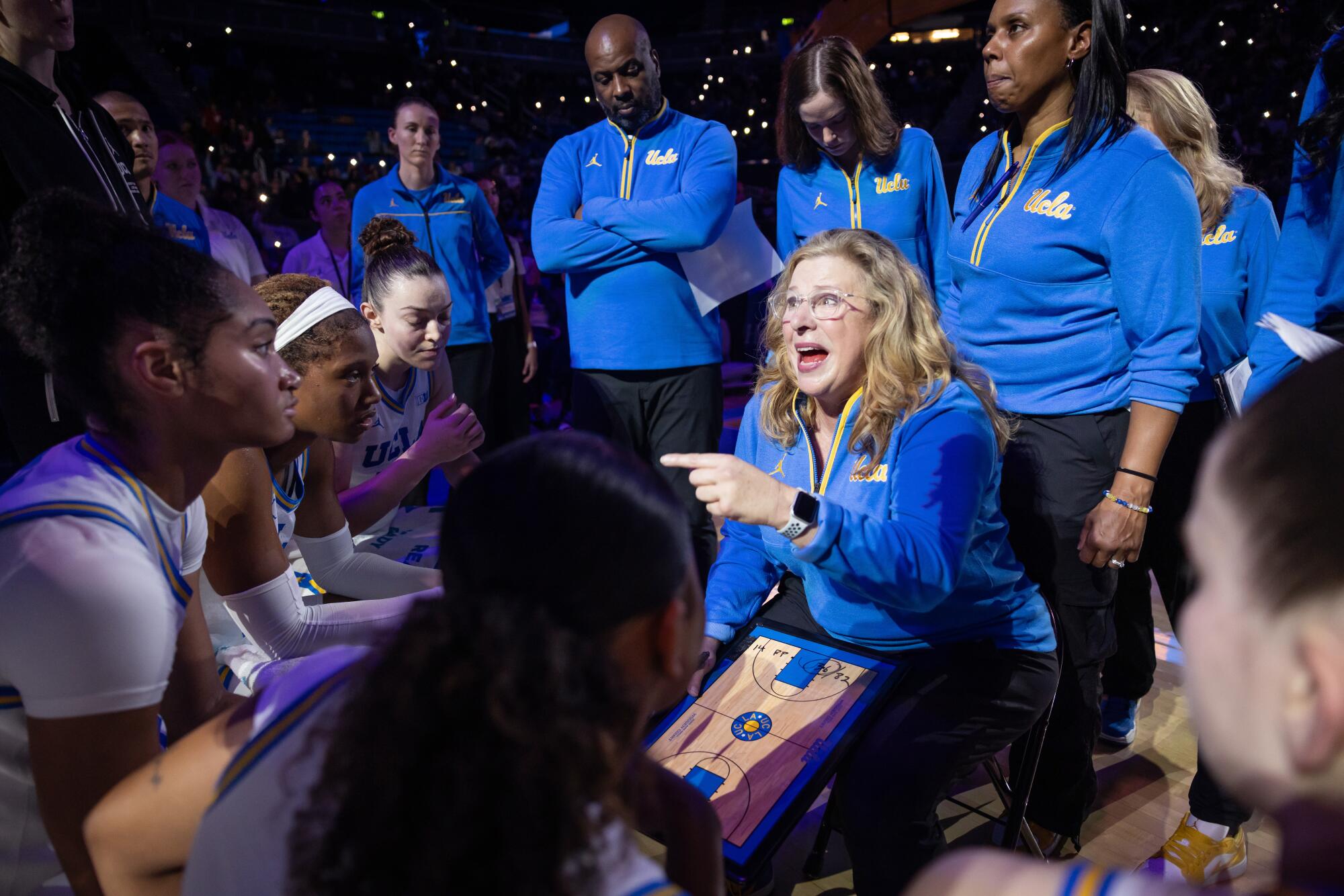 Cori Close instructs her players during a time out against Nebraska at Pauley Pavilion