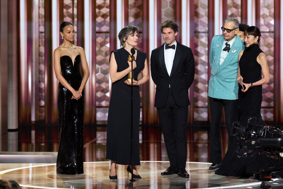 From L-R: Zoe Saldana, Camille, Clément Ducol, Jeff Goldblum, Michelle Yeoh wins Best Original Song for El Mal for Emilia Pérez