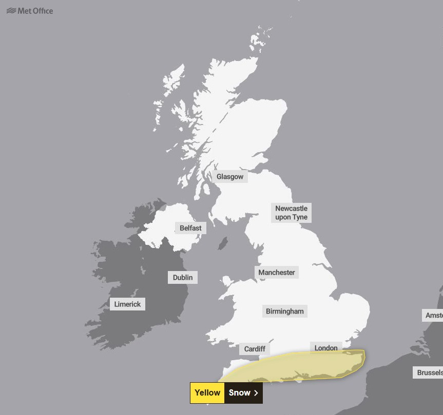 A warning for snow in southern England on Wednesday from 9am until 11.59pm