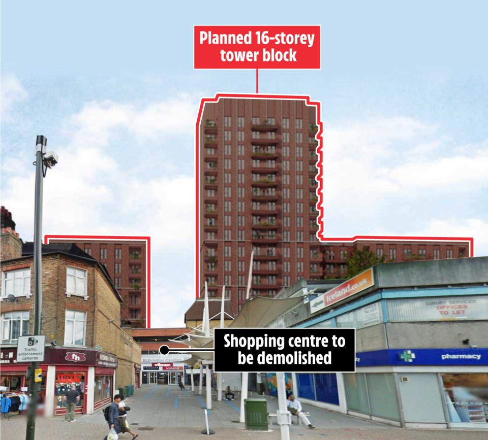 Illustration of a planned 16-story tower block replacing a shopping center.