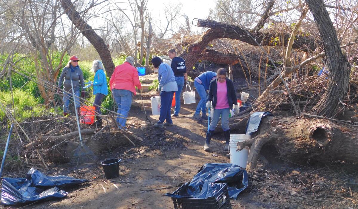 Volunteers pick up trash in a creek bed.