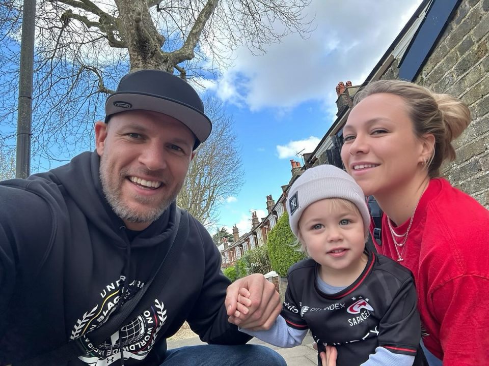 Family photo of Chloe Madeley, James Haskell, and their child.