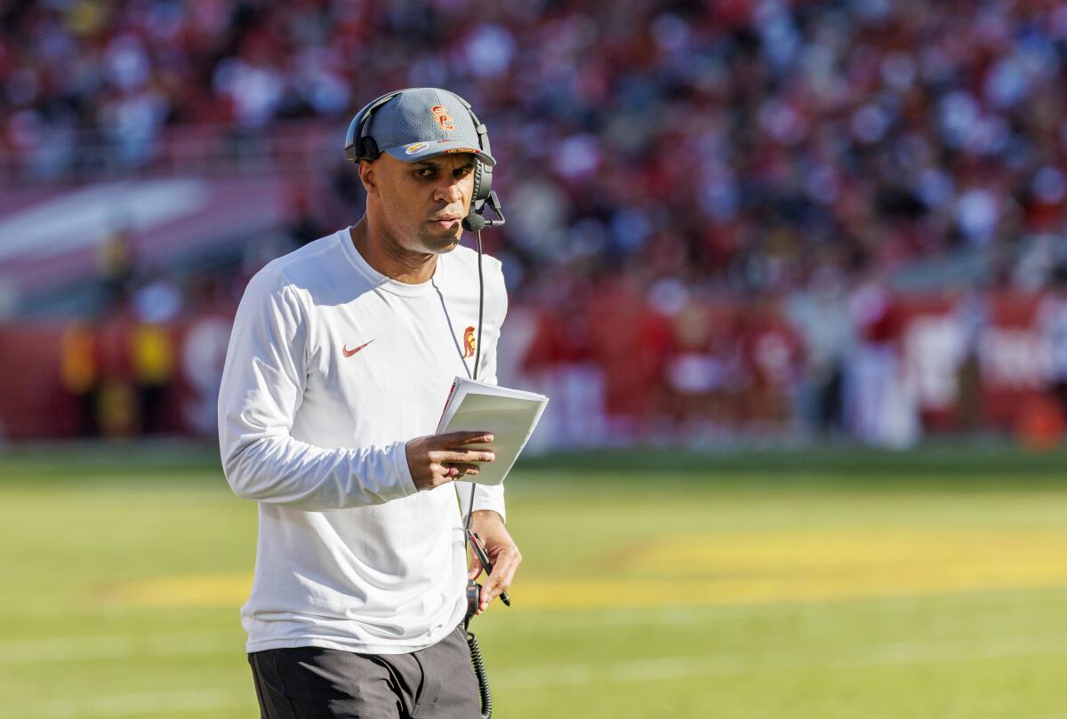 USC defensive coordinator D'Anton Lynn on the sidelines against Nebraska.