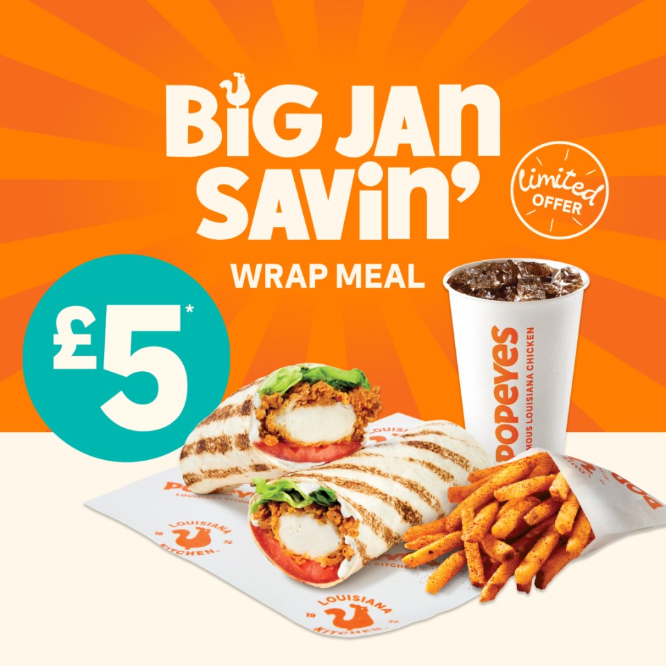 Popeyes £5 wrap meal deal: two chicken wraps, fries, and a drink.