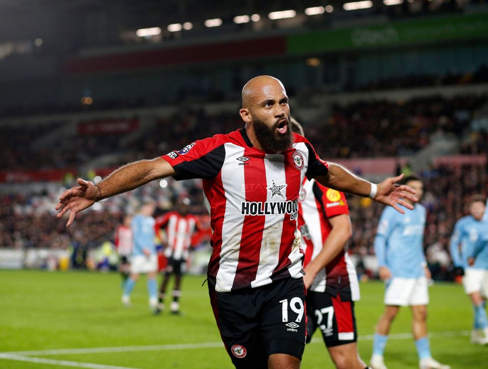 Bryan Mbeumo of Brentford celebrating a goal.