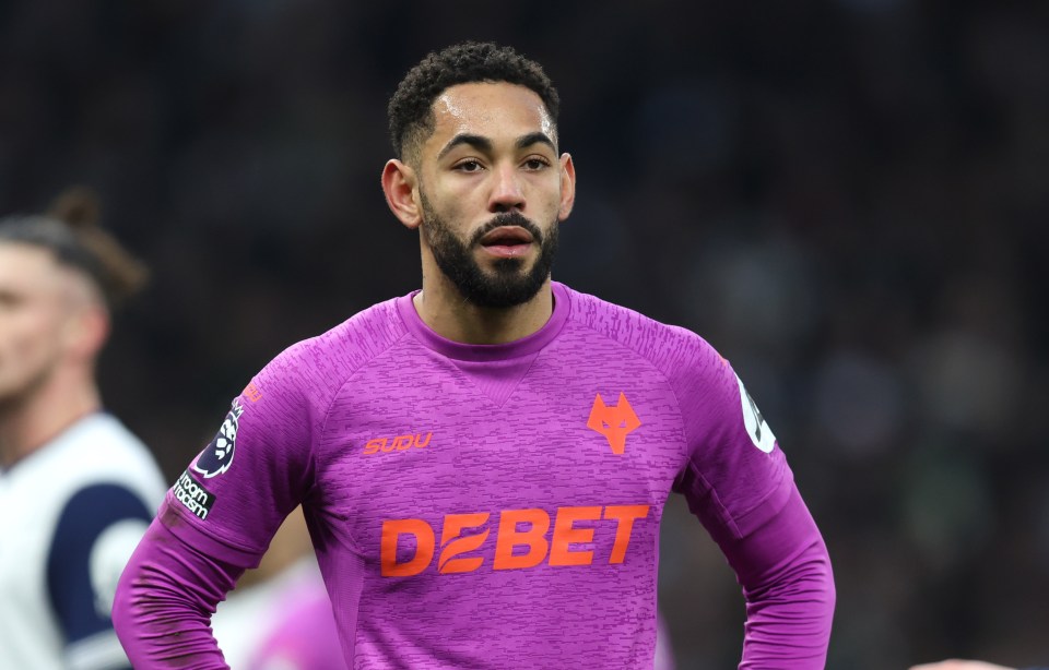 Matheus Cunha of Wolverhampton Wanderers in a purple jersey.