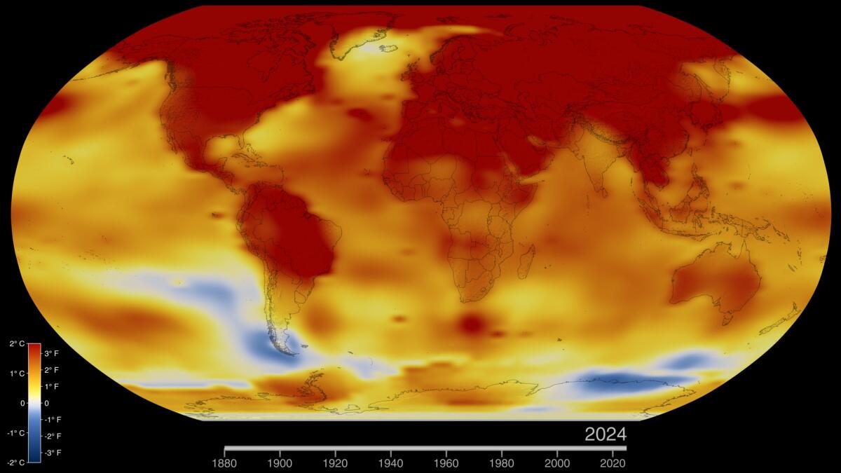 This map of Earth in 2024 shows how much warmer or cooler the planet was compared with the average from 1951 to 1980. 