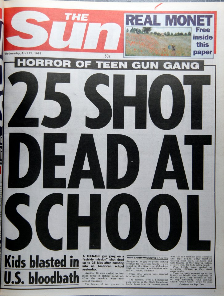 The Sun newspaper front page reporting on the Columbine High School massacre.