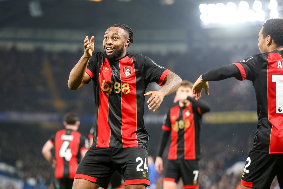 Antoine Semenyo of Bournemouth celebrates scoring a goal.