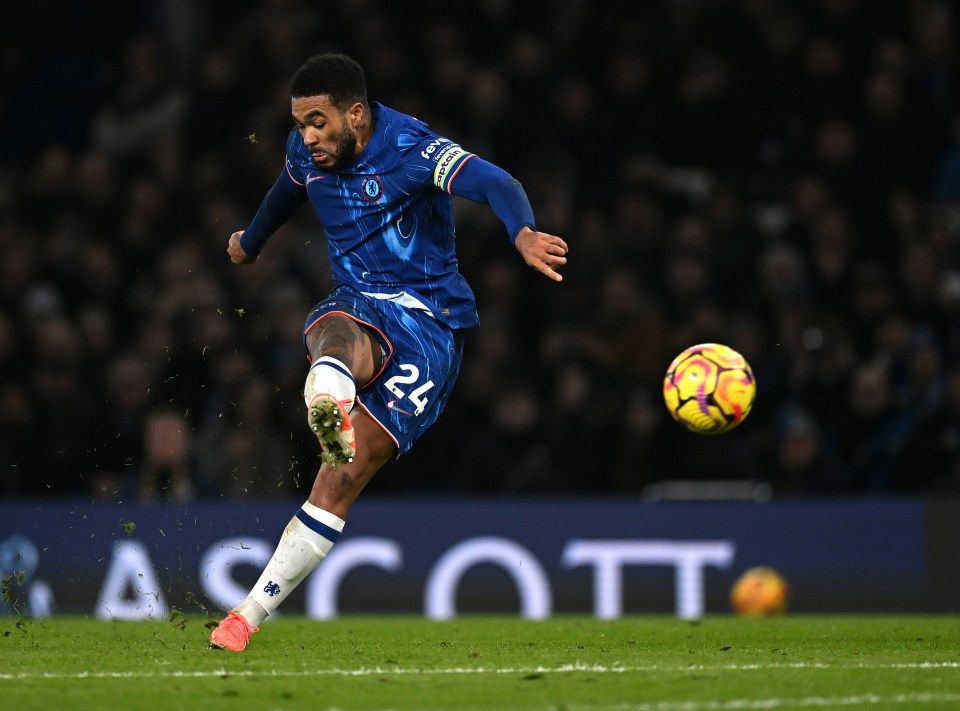 Reece James of Chelsea kicking a soccer ball during a game.