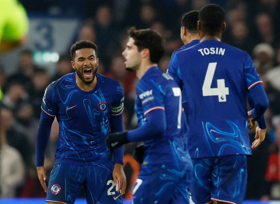 Reece James of Chelsea celebrates scoring a goal.