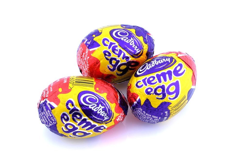 Three Cadbury Creme Eggs.