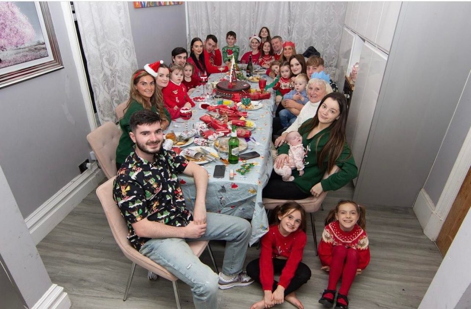 Large family at a Christmas dinner.