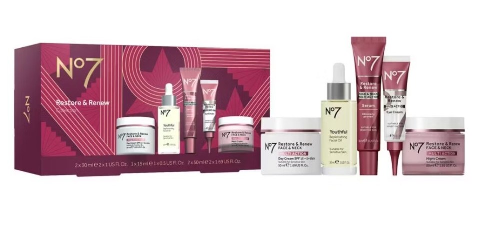 No7 Restore & Renew five-piece skincare set.