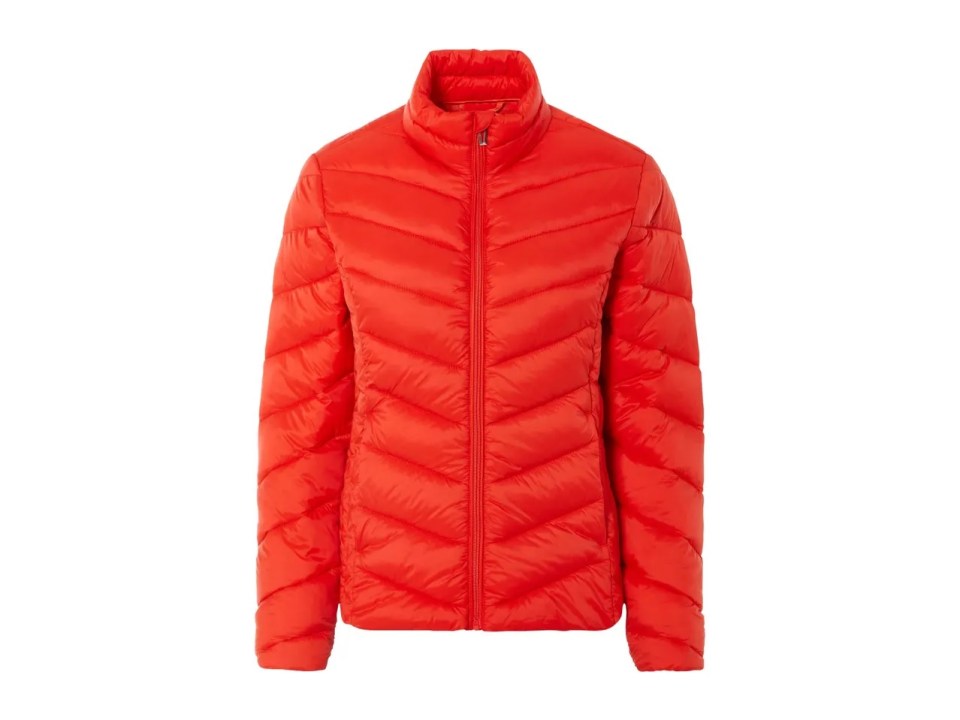 Red puffer jacket.