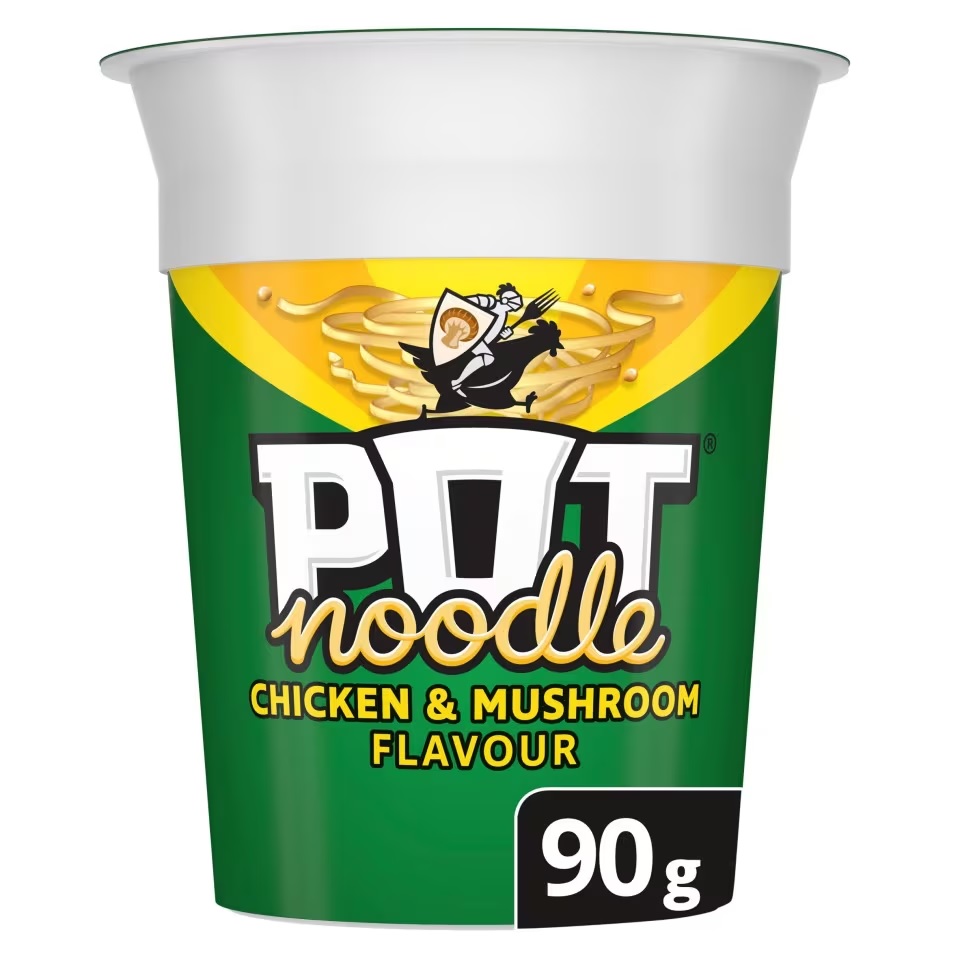 Pot Noodle Chicken & Mushroom flavour cup (90g).