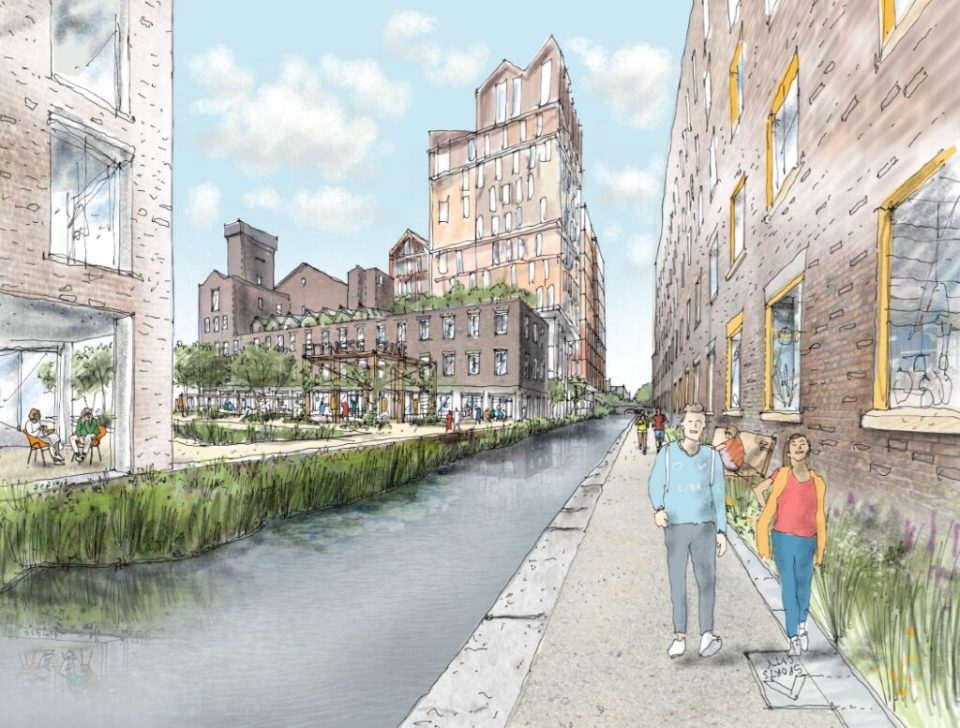 Illustration of a proposed green new town development along a canal.