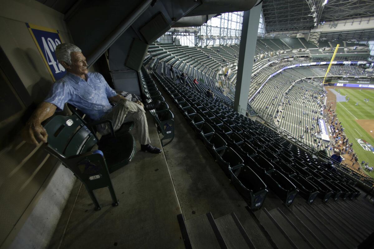 A statue of Bob Uecker is seen in the stands before Game 1 of the 2018 NLCS between the Milwaukee Brewers and the Dodgers.