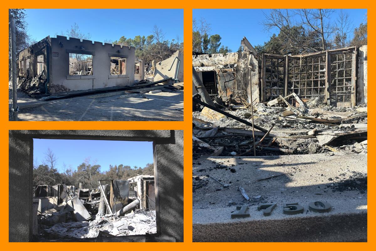 Three photos showing the burnt ruble of the Eaton Canyon Nature Center.