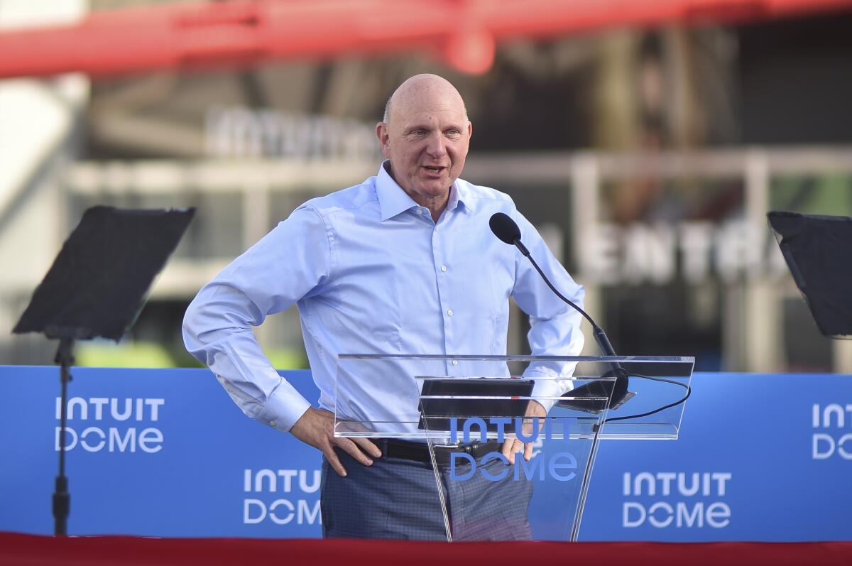 Clippers owner Steve Ballmer speaks during a news conference at the Intuit Dome in Inglewood in August.