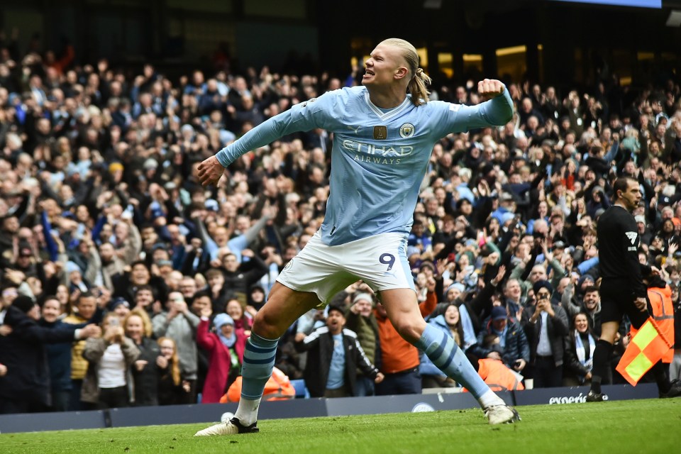 Erling Haaland celebrating a goal for Manchester City.