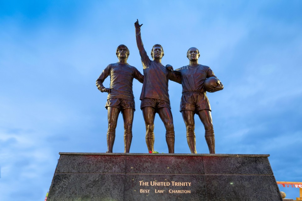 2XGDAP8 The United Trinity, George Best, Denis Law, Bobby Charlton, Old Trafford, Statue, Manchester United, Greater Manchester, England, United Kingdom, Euro