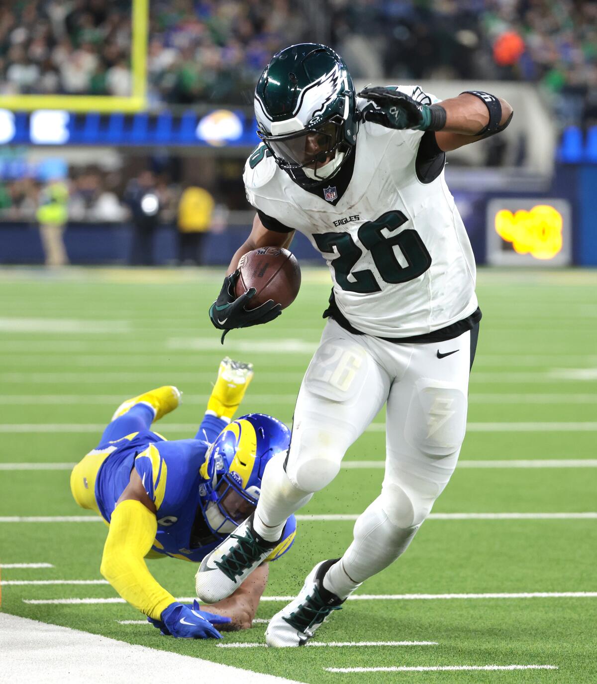 The Eagles' Saquon Barkley evades a tackle attempt by the Rams' Quentin Lake in November.  