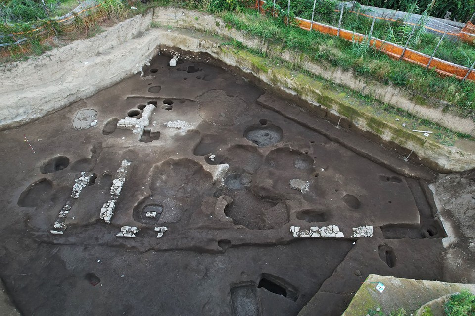 Aerial view of an archaeological excavation site.