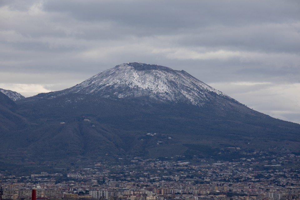 Snow-capped Mount Vesuvius overlooking Naples.