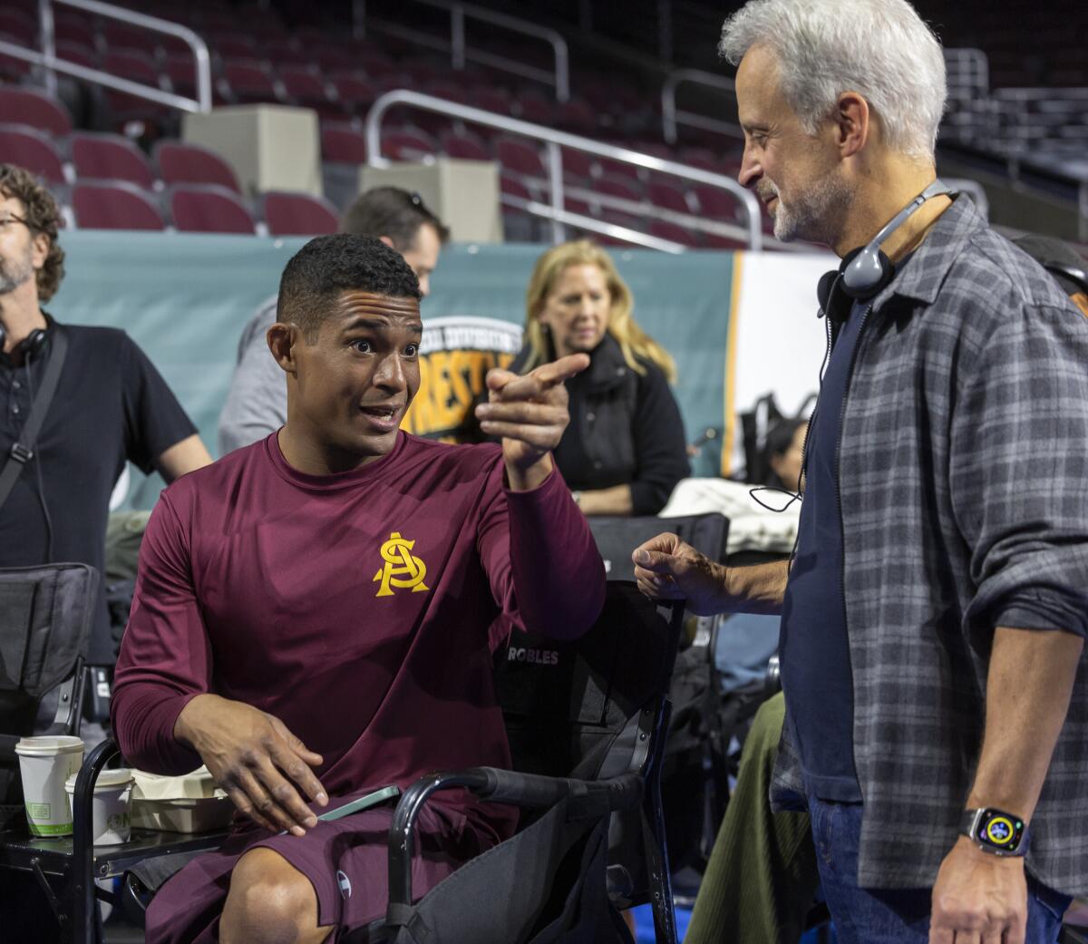 Anthony Robles and William Goldenberg on the set of "Unstoppable."