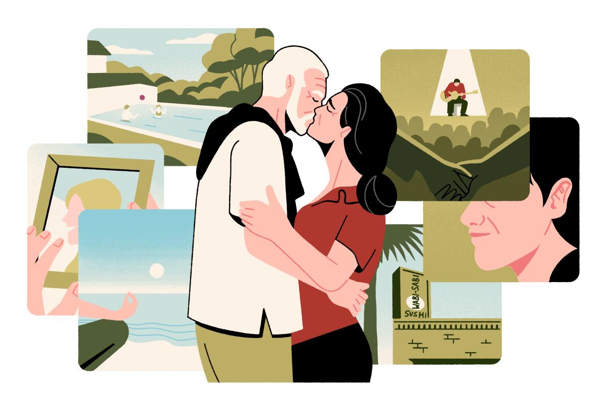 A man and woman embrace in front  of various memory vignettes.