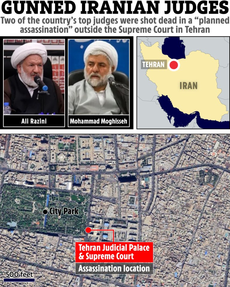 Map showing the location in Tehran, Iran where two judges were assassinated outside the Supreme Court.