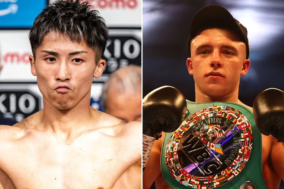 Two boxers, one shirtless and one with a championship belt.