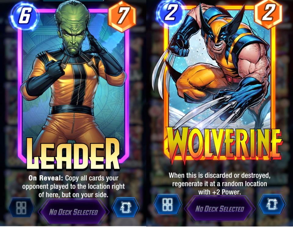 Illustration of Leader and Wolverine Marvel Snap cards.