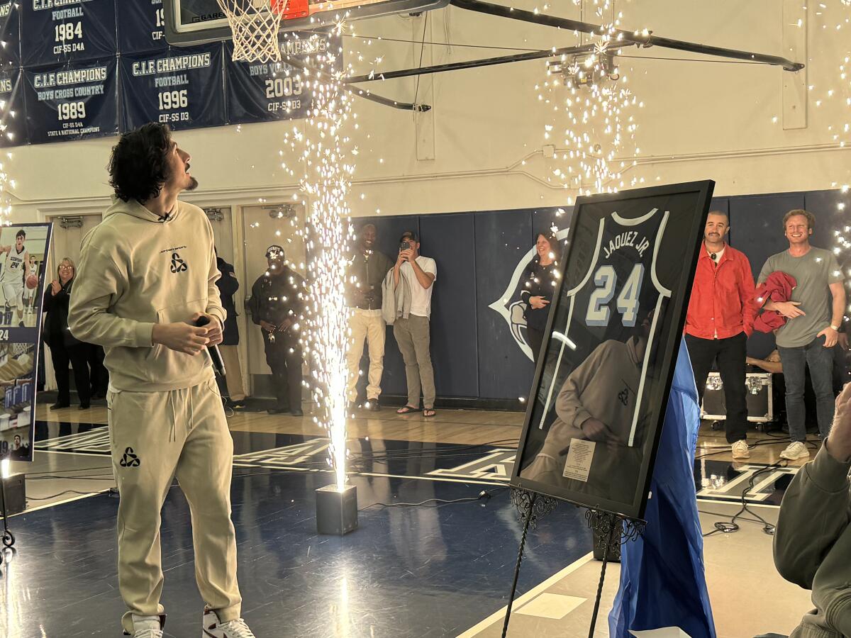 Jaime Jaquez Jr. of the Miami Heat returned to Camarillo High on Tuesday for his jersey retirement ceremony.