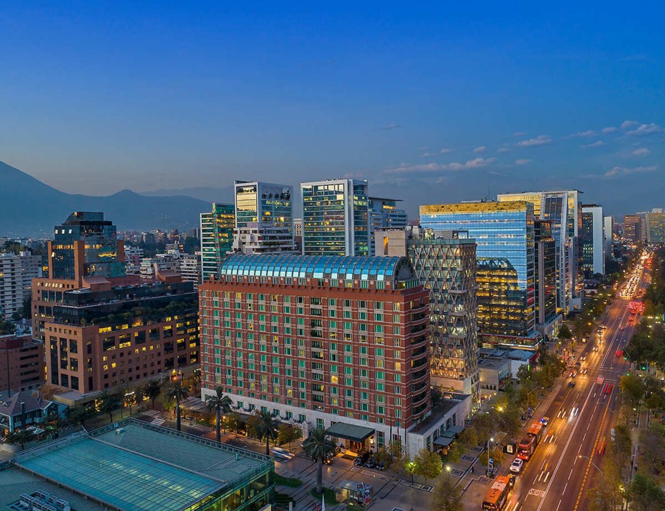 Aerial view of the Ritz-Carlton, Santiago, Chile at dusk.