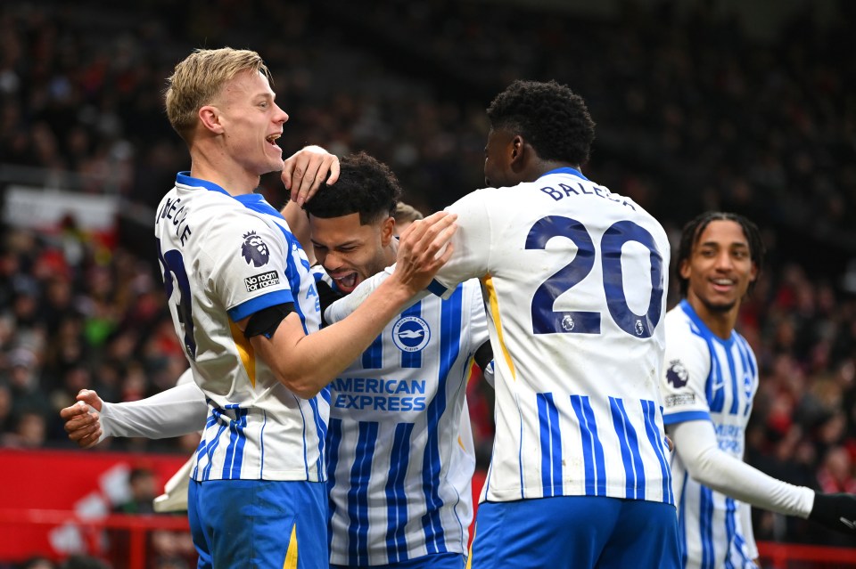 Brighton & Hove Albion players celebrating a goal.