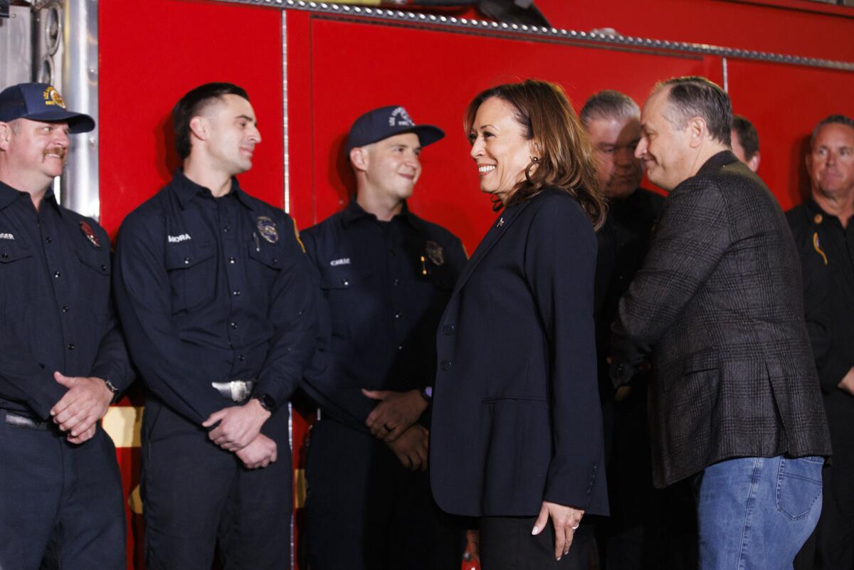 Vice President Kamala Harris along with Second Gentleman Doug Emhoff meet with members of Fire Station 12.