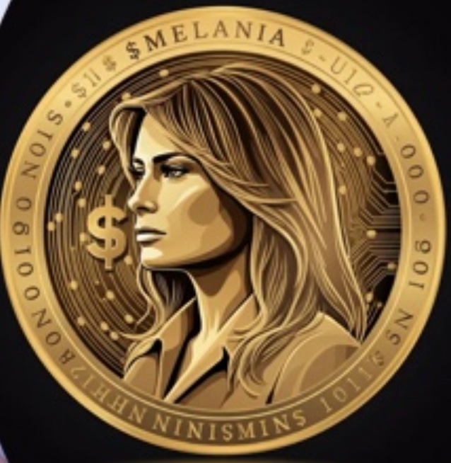 Illustration of a gold cryptocurrency coin featuring Melania Trump.